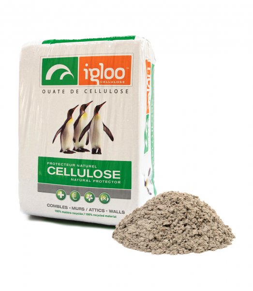 Igloo Cellulose Insulation package and fibers